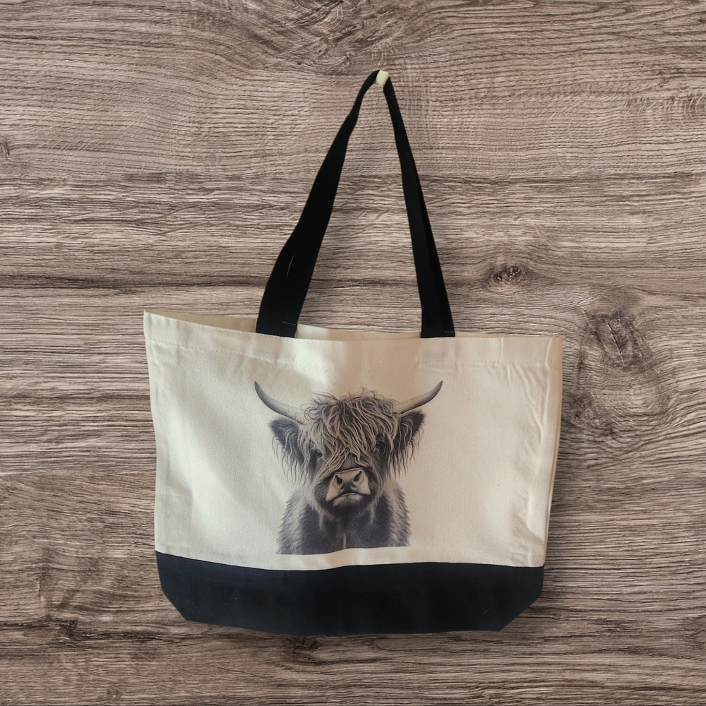 Highland Cow Black and Cream Tote Bag. Double Sided And Hand Crafted.